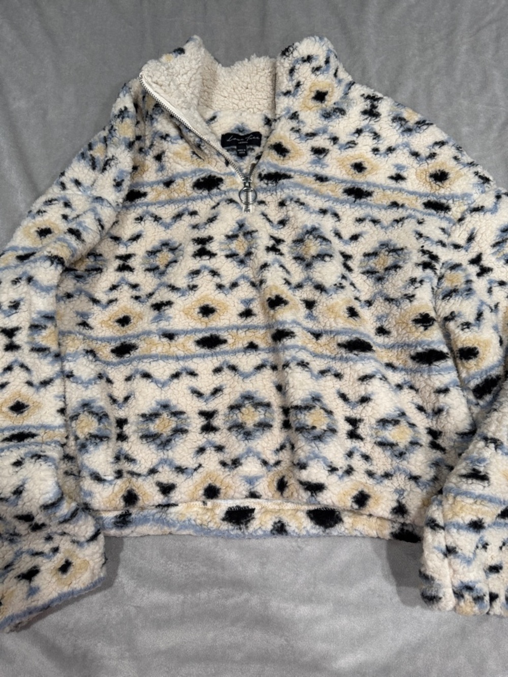 Love Tree Sherpa Zip Pullover in Cream, Black & Light Blue